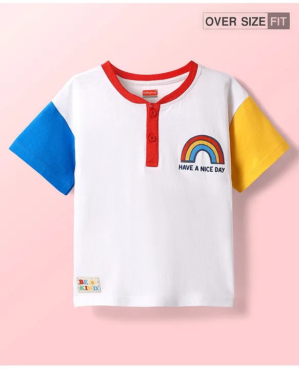 Babyhug Cotton Knit Half Sleeves Oversized Drop Shoulder Color Block Henley Neck T-Shirt With Rainbow Print - Blue & White